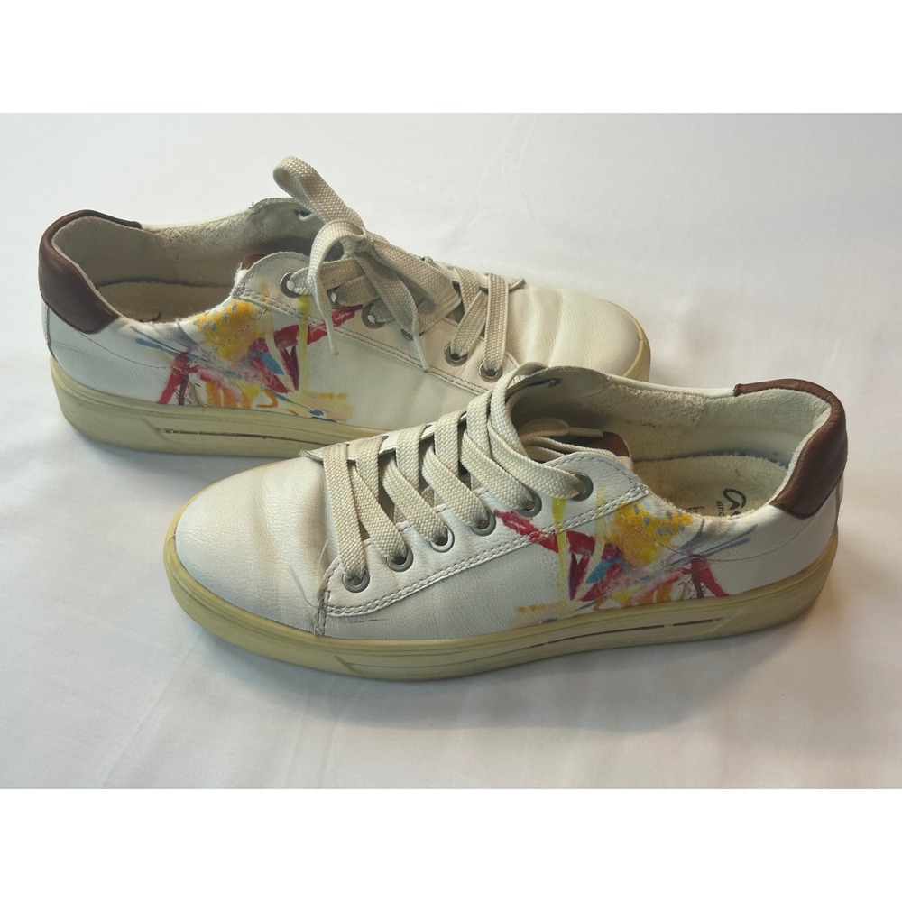Ara Sneakers Womens 4.5 White Leather Paint Splatter High Soft Low Top 12-44534
